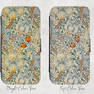 Golden Lily Grau iPhone Portemonnaie 16,15,14,13Pro,12 Mini,11 Pro Max,SE 2022,8 plus,XR,S21 Ultra,S20,William Morris Vintage gelbe Blumen