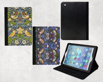 Strawberry Thief iPad Folio Case Bleu, Vert 9.7 2018 6ème génération, 2017 5ème génération, Air 5 2022, Air 2, Pro11, Mini 5 Oiseaux, William Morris Art Nouveau