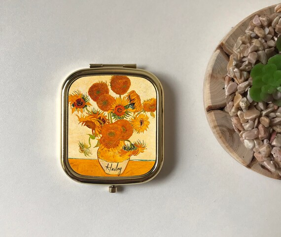 Van Gogh Sunflowers Mustard Yellow Green Personalised Compact Mirror,Rectangle Pocket Mirror, Keepsake Gift Friend,Floral,Rose Gold,Silver