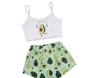 Avocado Crop Top Halter 2pcs Cheeky Booty Short Lounge Sleep Etsy