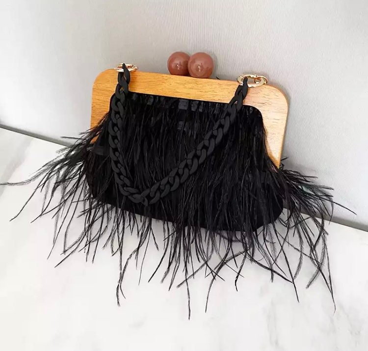 Wooden Feathered Chain Clutch Top Handle Bag Purse - Etsy