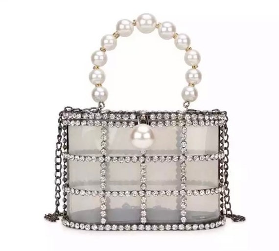 Pearl Transparent Embellished Block Caged Handbag Top Handle - Etsy