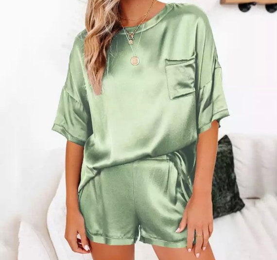 Green Comfy Satin Silk Top and Shorts Lounge Set Etsy