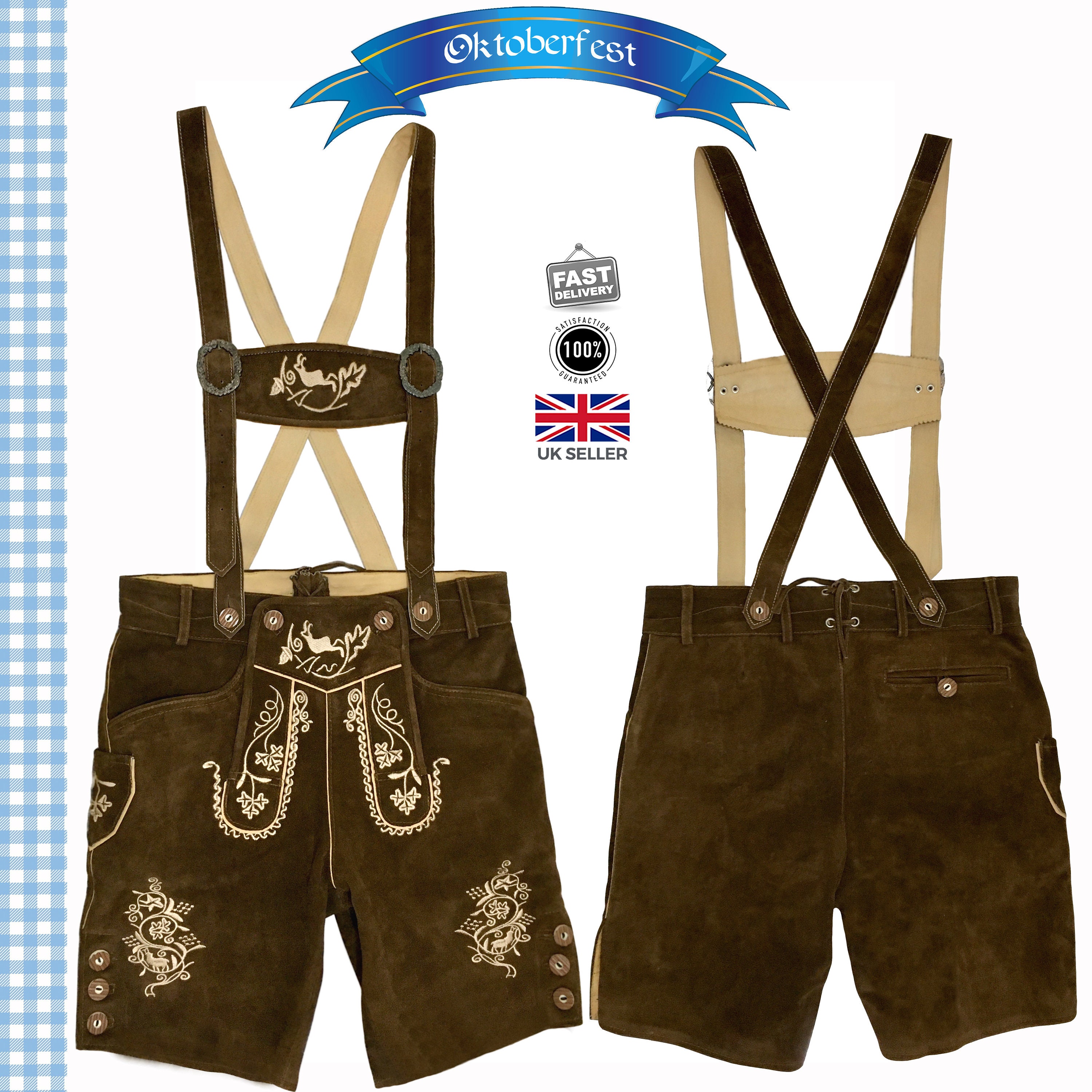 Lederhosen Uomo In Pelle Scamosciata Marrone Dorato – Costume Oktoberfest Bavarese Autentico - Foto 4