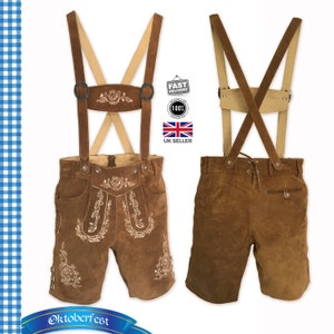 Men’s Cowhide Suede Leather Lederhosen – Traditional Bavarian Oktoberfest Trachten Costume with Embroidery & Suspenders