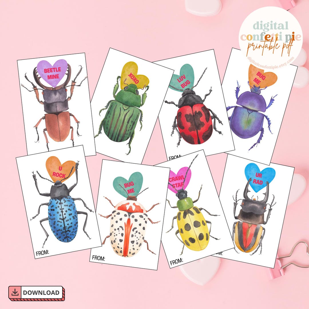 Love Bug Valentine Cards, Insect Printable Valentine Tags, Bugs and ...
