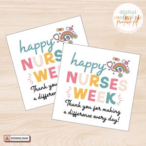 Op de afbeelding: Twee witte kaarten met de tekst "happy NURSES WEEK" in kleurrijke letters. De kaarten hebben een regenboog, stethoscoop en bloemenafbeelding. De tekst "Thank you for making a difference every day!" is ook opgenomen.