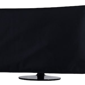 May include: Black monitor cover for a computer screen. The cover is made of a soft, black fabric and has a small, black tag on the bottom right corner.