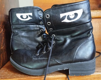 Boots, Women's Size 6, Hand-Painted Siouxsie Sioux Eyes PEEKABOO Vegan Leather, Goth Boots