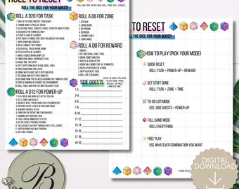 May include: A two-page printable game sheet titled Roll to Reset, featuring instructions for a dice-based chore system. The pages include lists for tasks, zones, rewards, and power-ups, decorated with colourful polyhedral dice icons and grid lines.
