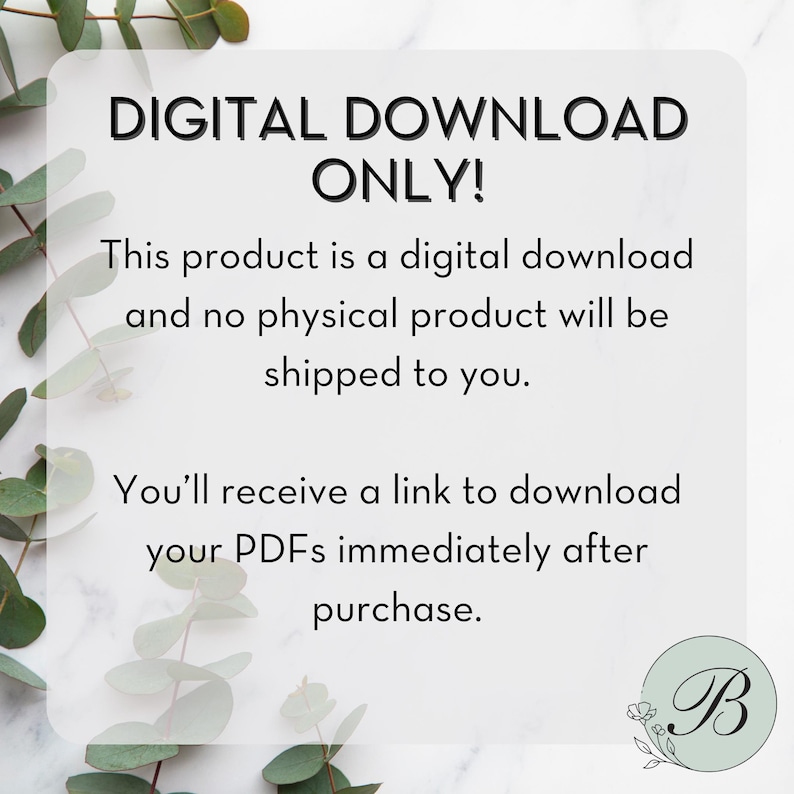 May include: White background with text that reads "DIGITAL DOWNLOAD ONLY!". The text explains that the product is a digital download and no physical product will be shipped. It also states that a link to download PDFs will be received after purchase.