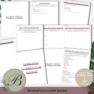 May include: A collection of white printable workbook pages titled Personal Curriculum System, featuring sections like My Top Interests, Course Map, Brain Dump, and Interest Discovery Pt 1, with black text and pink horizontal line accents throughout.