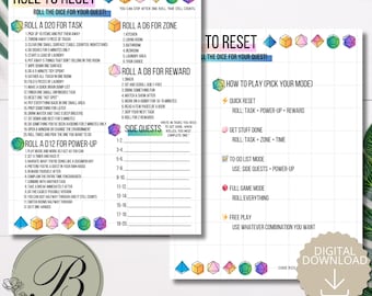 May include: Two white sheets with a grid pattern titled Roll to Reset, featuring colourful dice icons and text instructions for a game-based cleaning and task system. The sheets include lists for tasks, zones, rewards, power-ups, and side quests.