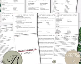 May include: A collection of white printed pages titled Morning Basket Starter Kit, featuring instructional guides, checklists, and planning templates for daily routines. The documents include text headers like Choose Your Morning Style and How to Use This System, with a circular logo featuring a letter B and a digital download icon.