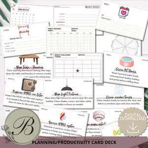 May include: A collection of white planning and productivity cards featuring various household tasks, habit trackers, and calendars. Each card includes black text, colorful icons, and instructions for chores like cleaning pet bowls, HVAC maintenance, and table wiping.