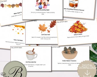 May include: A set of rectangular cards titled Fall Activity Deck, featuring watercolour illustrations of seasonal activities like storytelling, baking, leaf jumping, and hot chocolate. Each card includes descriptive text and instructions for autumn-themed tasks.