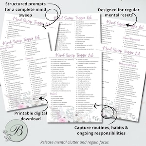 May include: A printable digital download featuring mind sweep trigger lists for mental clarity. The lists are designed for structured prompts, mental resets, and capturing routines. The image includes a floral logo and text.