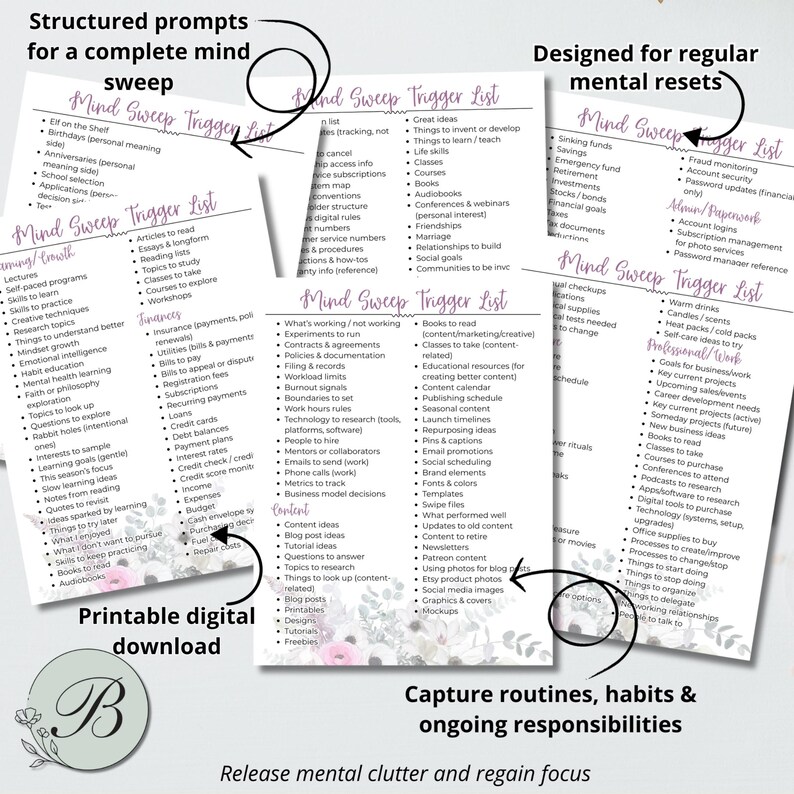 May include: A printable digital download featuring mind sweep trigger lists for mental clarity. The lists are designed for structured prompts, mental resets, and capturing routines. The image includes a floral logo and text.