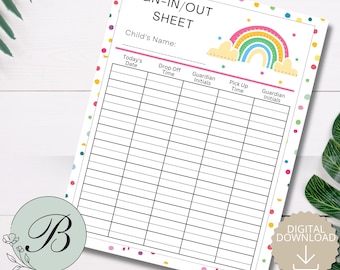 May include: A white daycare sign-in/out sheet featuring a rainbow and colourful polka dots. The sheet includes fields for child's name, date, drop-off and pick-up times, and guardian initials. The words "SIGN-IN/OUT SHEET" are at the top.