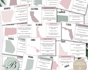 May include: A collection of educational flashcards featuring U.S. state maps, capitals, statehood years, and mottos. Each card displays a state outline in muted pink or sage green tones with printed text details. A circular logo with a letter B is included.