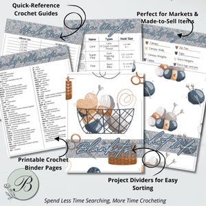 May include: Printable crochet binder pages with quick-reference guides for hook sizes, yarn weights, and crochet abbreviations. The pages include project dividers and a market day checklist. The image features a basket of yarn and the text "Blankets".