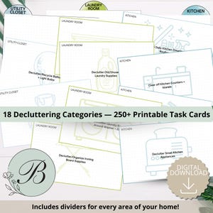 Op de afbeelding: Printbare taakkaarten voor opruimen, met categorieën zoals de keuken en wasruimte. De kaarten hebben illustraties en tekst, met de titel "18 Opruimcategorieën - 250+ Printbare Taakkaarten". Inclusief een digitaal downloadpictogram.