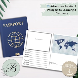Puede incluir: Un pasaporte azul marino con un diseño de globo dorado junto a una página de pasaporte imprimible. La página incluye campos para información personal y un gráfico de mapa del mundo. El texto dice "Adventure Awaits: A Passport to Learning & Discovery."