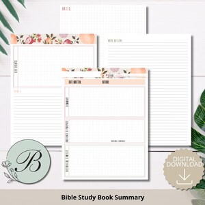 May include: A collection of printable Bible study book summary sheets. The sheets have a floral design at the top and include sections for notes, key events, and book outlines. The text "Bible Study Book Summary" is at the bottom, with a "Digital Download" icon.