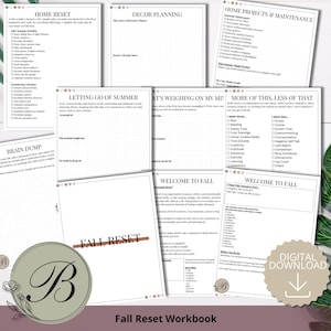 May include: A collection of white paper pages from a Fall Reset workbook featuring black text and checklists. The pages include headers such as Home Reset, Decor Planning, Home Projects & Maintenance, Letting Go of Summer, and Welcome to Fall.