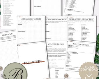 May include: A collection of white paper pages from a Fall Reset workbook featuring black text and checklists. The pages include headers such as Home Reset, Decor Planning, Home Projects & Maintenance, Letting Go of Summer, and Welcome to Fall.