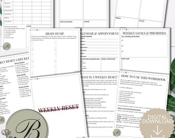 May include: A collection of printable planner pages including a meal plan, grocery lists, brain dump, calendar, weekly goals, and a weekly reset checklist. Each page features black text on a white background with a small floral logo.