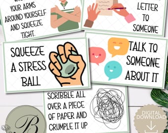 May include: A set of five rectangular calm down cards featuring illustrations and text instructions. The cards show a person hugging themselves, writing a letter, squeezing a stress ball, talking to someone, and scribbling on paper.