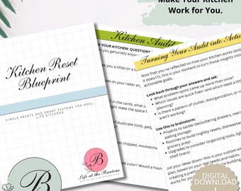 May include: Printable kitchen organization guides. The main document is titled "Kitchen Reset Blueprint" with the text "Simple Resets and Smart Systems for Real-Life Kitchens." Other guides include "Kitchen Audit" and "Turning Your Audit into Action."