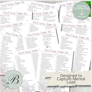 May include: Digital download of a Mind Sweep Trigger List, designed to capture mental load. Includes lists for planning, writing, and transportation. Features a floral design and the text "Designed to Capture Mental Load."