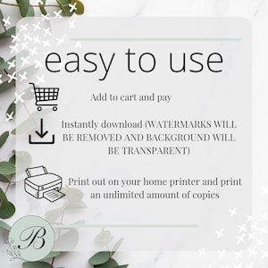 May include: White background with the text "easy to use" and instructions: "Add to cart and pay", "Instantly download", and "Print out on your home printer". Includes a shopping cart, download arrow, and printer icons.
