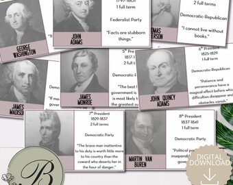 May include: A collection of educational flashcards featuring black and white portraits of U.S. Presidents including George Washington, John Adams, Thomas Jefferson, James Madison, James Monroe, John Quincy Adams, Andrew Jackson, and Martin Van Buren.