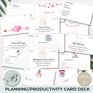 May include: A collection of white planning and productivity cards with various tasks and reminders. Cards include "Annual Taxes," "Clean Out Fridge," and "Unsubscribe From 10 Emails." The phrase "Planning/Productivity Card Deck" is at the bottom.