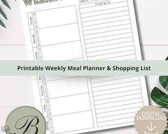 Weekly Meal Planner Printable | Meal Planning PDF | Grocery Shopping List | Family Menu Planner | Instant Digital Download