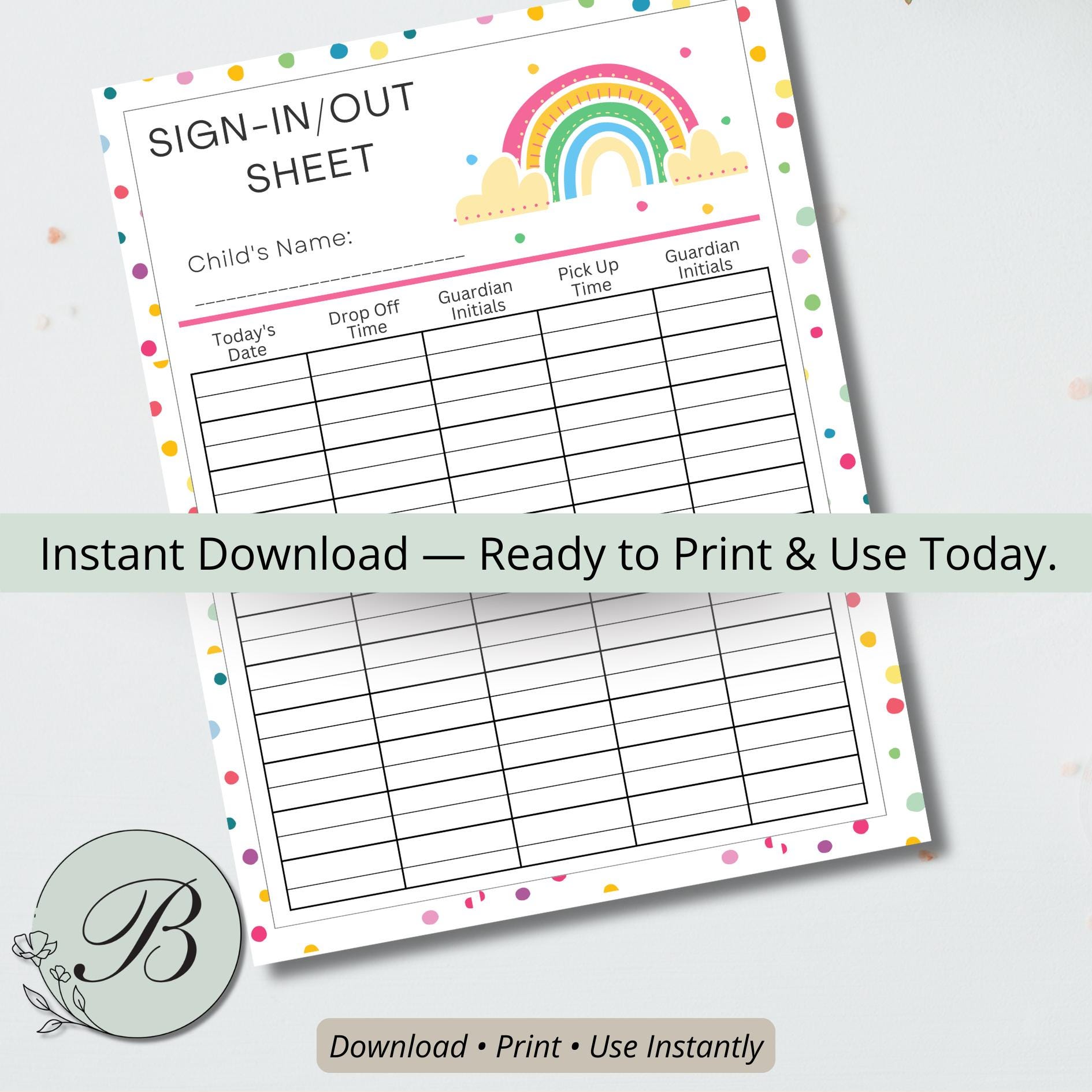 Daycare Sign in Out Sheet Printable | Child Sign in Sheet | Drop off ...
