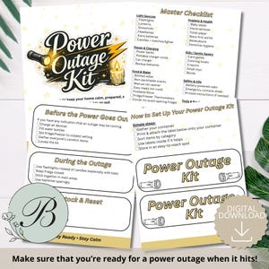 K&ouml;nnte beinhalten: Ein druckbares digitales Power Outage Kit mit Checkliste und Etiketten. Das Design hat ein Schwarz-Gold-Farbschema mit einer Taschenlampen- und Kerzengrafik. Die Checkliste umfasst die Vorbereitung, Ma&szlig;nahmen w&auml;hrend eines Stromausfalls und die Wiederauff&uuml;llung.