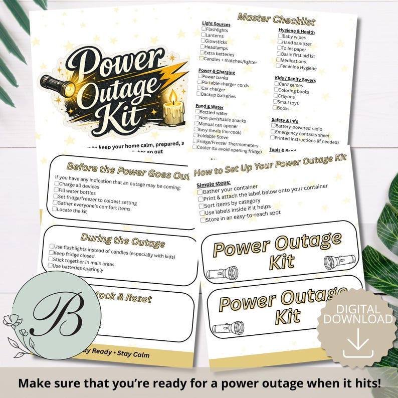 K&ouml;nnte beinhalten: Ein druckbares digitales Power Outage Kit mit Checkliste und Etiketten. Das Design hat ein Schwarz-Gold-Farbschema mit einer Taschenlampen- und Kerzengrafik. Die Checkliste umfasst die Vorbereitung, Ma&szlig;nahmen w&auml;hrend eines Stromausfalls und die Wiederauff&uuml;llung.
