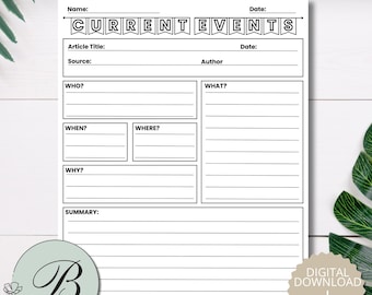 Current Events Worksheet Printable PDF | Homeschool News Template | 5 W’s Graphic Organizer | Kids News Report Page | Instant Download