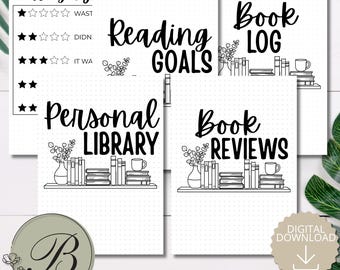May include: A collection of white printable reading journal pages with black text. The pages include sections for rating, reading goals, book log, personal library, and book reviews. A digital download icon is in the lower right corner. A floral "B" logo is in the lower left corner.