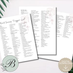 May include: Digital download of a mind sweep trigger list and other planner pages. The pages are filled with categories and prompts for organizing tasks, goals, and ideas. Includes sections for finance, health, and communication.