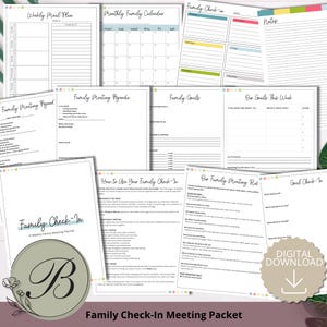 Könnte beinhalten: Eine Sammlung von druckbaren Planerseiten mit dem Titel Family Check-In, darunter ein wöchentlicher Essensplan, ein monatlicher Familienkalender, eine Tagesordnung für Familientreffen, Familienziele und Blätter zur Zielüberprüfung.
