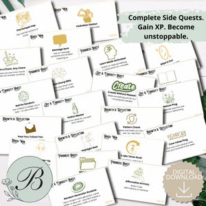 Könnte beinhalten: Eine Sammlung weißer Karten mit verschiedenen Aufforderungen und Illustrationen, darunter "Hydration Station" und "Create". Die Karten enthalten Texte wie "Complete Side Quests. Gain XP. Become unstoppable." und "Digital Download."