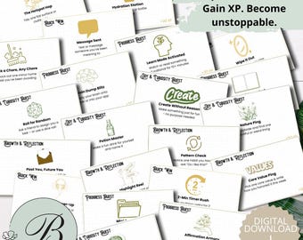 May include: A set of white cards with prompts and illustrations, such as "Hydration Station" and "Create." The cards have text including "Complete Side Quests. Gain XP. Become unstoppable." and "Digital Download."
