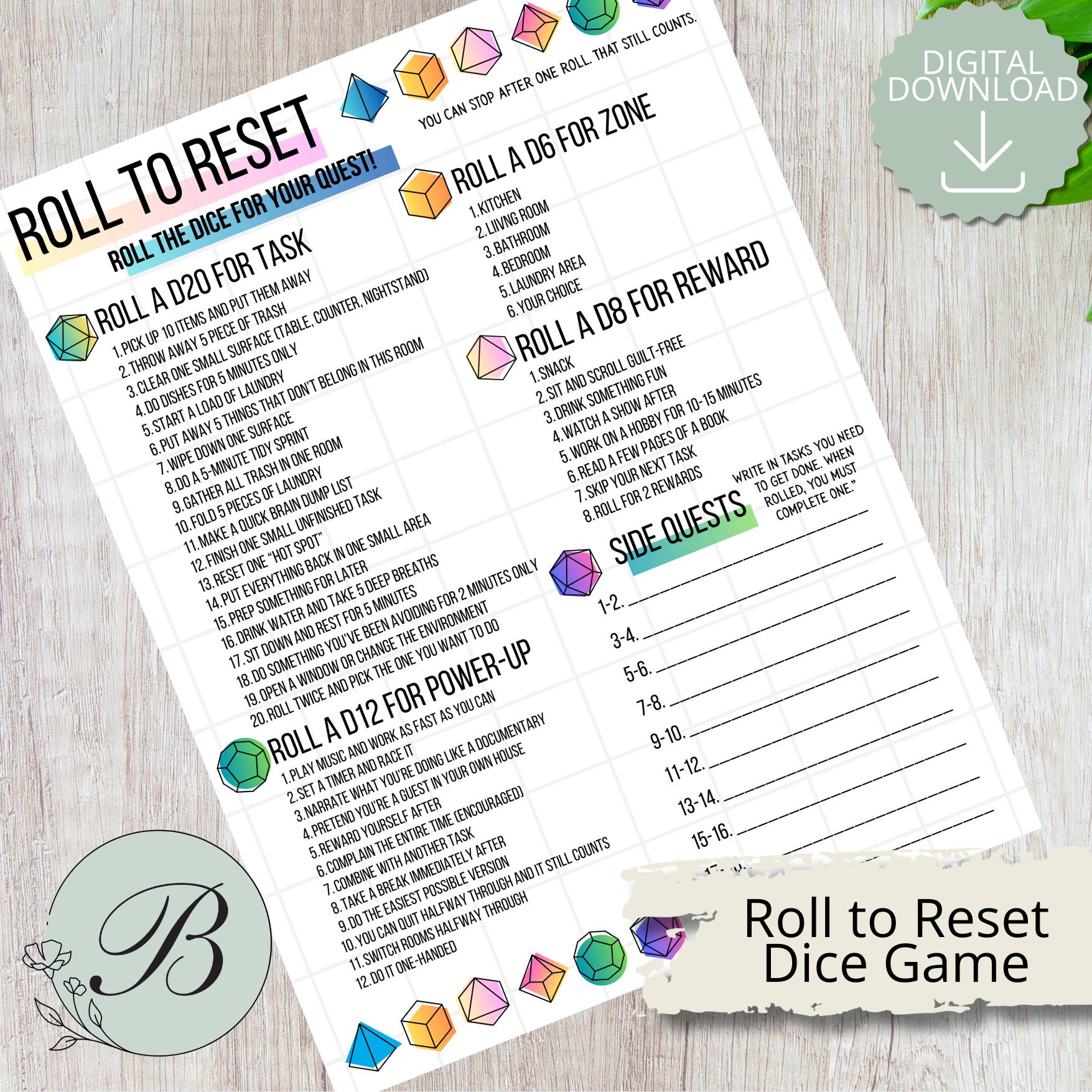 Roll Rese Roll to Reset Dice Game Printable | ADHD Cleaning Game | Productivity ...