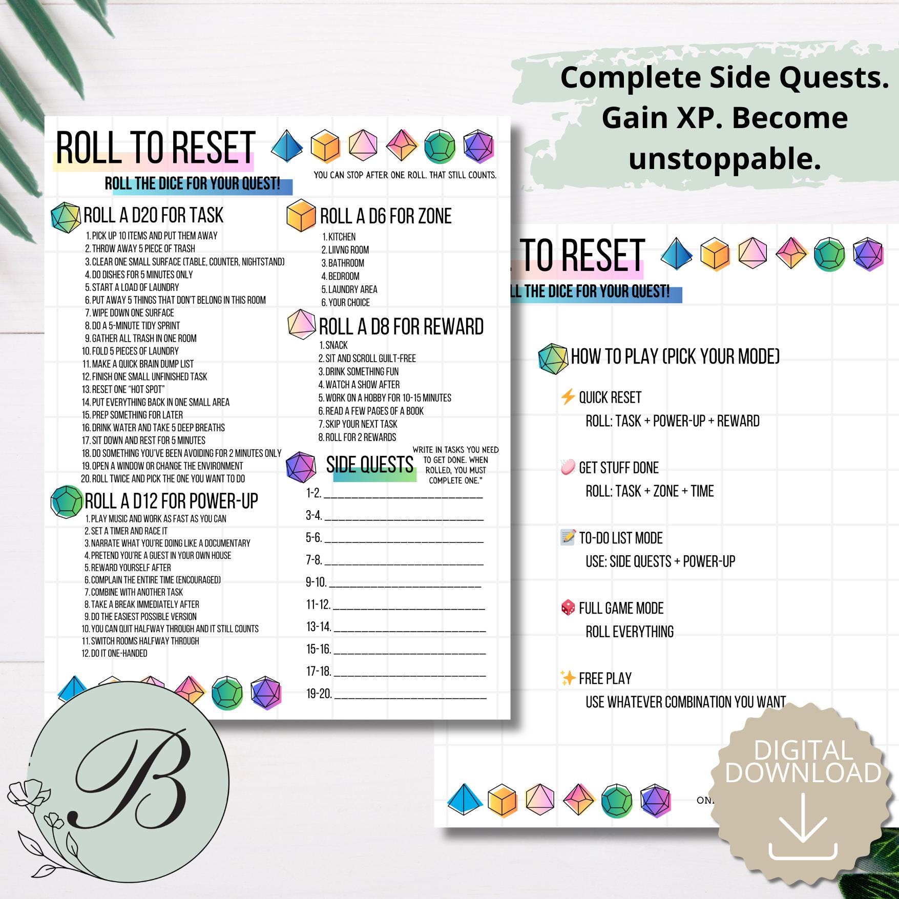 Roll Rese Roll to Reset Dice Game Printable | ADHD Cleaning Game | Productivity ...