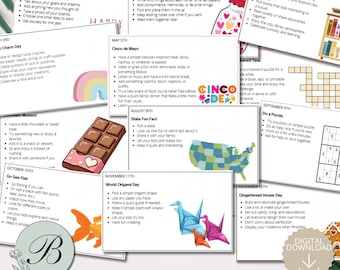 May include: A set of activity prompt cards, such as "Dream Big Day" and "Gingerbread House Day," with illustrations. The cards are labelled "YEAR OF FUN CARDS - CELEBRATE EVERY DAY." and include a digital download icon.